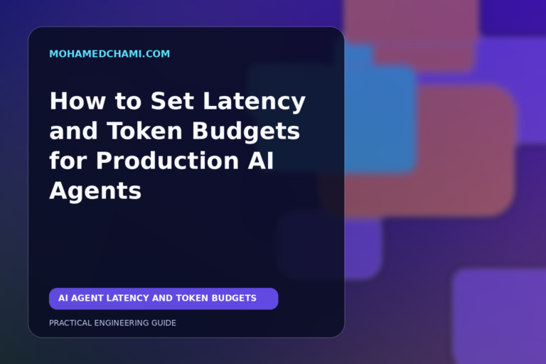 Editorial illustration of a production AI agent workflow with latency timing, token limits, and trace controls.