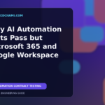 Editorial illustration of AI automation contract testing validating cloud SaaS integration connections.