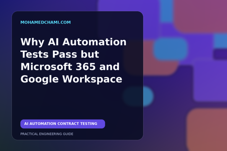 Editorial illustration of AI automation contract testing validating cloud SaaS integration connections.