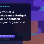 Editorial technology illustration of a maintenance budget for AI-generated Java and React software changes.