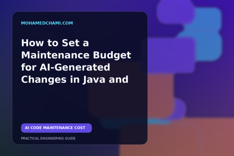 Editorial technology illustration of a maintenance budget for AI-generated Java and React software changes.