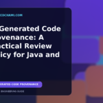 Editorial illustration of AI-assisted code moving through a transparent engineering review and provenance workflow.