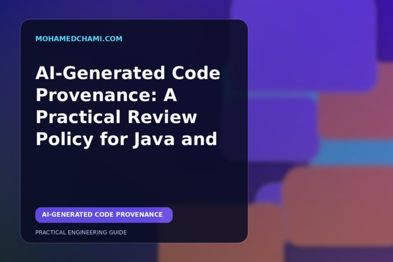 Editorial illustration of AI-assisted code moving through a transparent engineering review and provenance workflow.