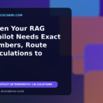 Editorial illustration of an AI copilot routing contextual retrieval and exact calculations to a deterministic backend service.