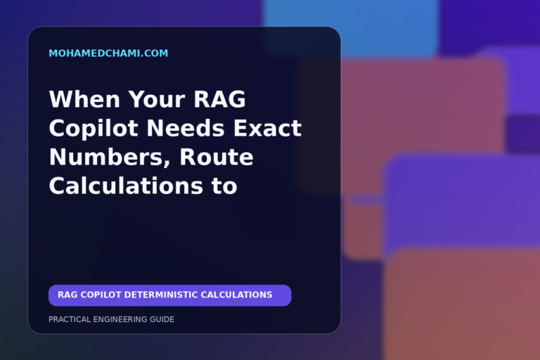 Editorial illustration of an AI copilot routing contextual retrieval and exact calculations to a deterministic backend service.