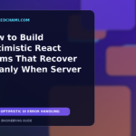 Editorial illustration of an optimistic React form reconciling a pending submission with confirmed server state.