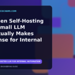 Editorial illustration of a compact internal AI inference service connecting business automation workflows.