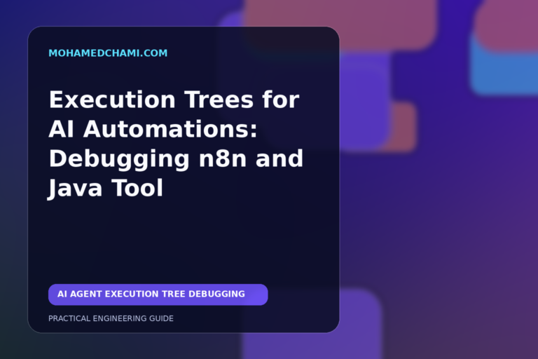 Abstract editorial illustration of an AI automation execution tree connecting decision nodes, tools, retries, approvals, and backend services.
