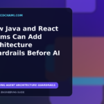 Abstract editorial illustration of protected backend, API, and frontend architecture layers for AI-assisted software development.