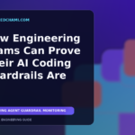 Editorial illustration of observable AI coding guardrails checking an engineering delivery pipeline.