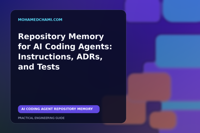 Editorial illustration of a repository knowledge hub connecting architecture decisions, Java layers, React components, and automated tests.