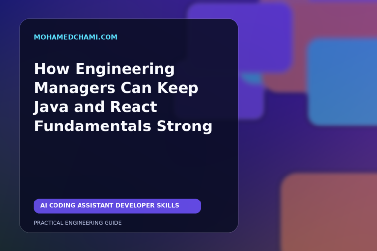 Editorial illustration of an engineer reviewing Java and React architecture, testing, and debugging work alongside AI-assisted code.