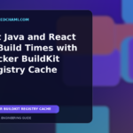 Editorial illustration of layered container build cache moving between disposable CI workers and a registry.