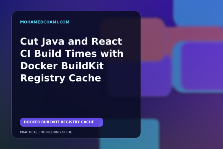 Editorial illustration of layered container build cache moving between disposable CI workers and a registry.