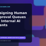 Editorial illustration of a person reviewing an AI agent decision packet before a tool action.