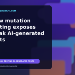 Editorial illustration of mutation testing detecting weak AI-generated software tests