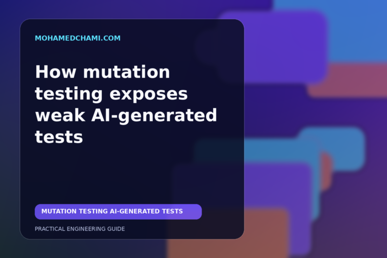 Editorial illustration of mutation testing detecting weak AI-generated software tests